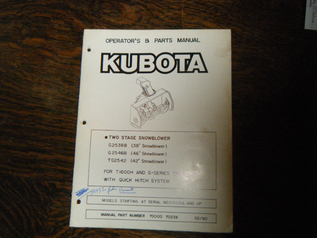 Kubota G2538B, TG2542 Snowblower Operators and Parts Manual in Other in Oakville / Halton Region