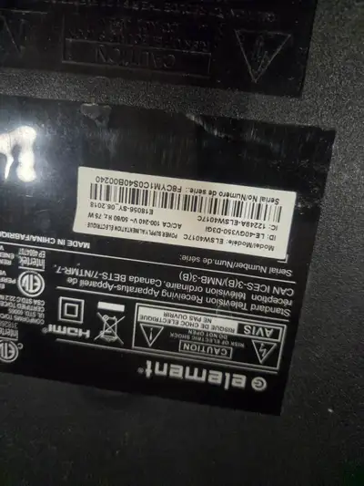40" TV. Make Element. Fully functional. One year old. No damage. Model details in photo. No damage....
