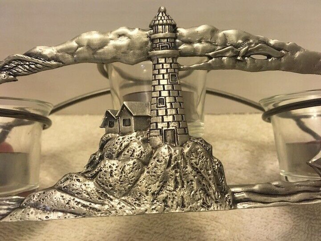 80s 90s 3 CANDLE CANDELABRA PEWTER Finish Lighthouse Seagulls in Arts & Collectibles in Mississauga / Peel Region