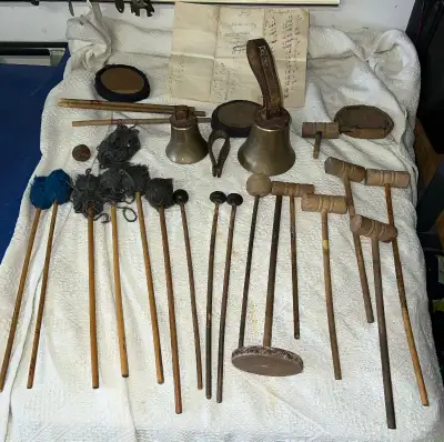 ASSORTED VINTAGE ANTIQUE CHIMES BELLS DRUM STICKS - ONE LOT $39, View more