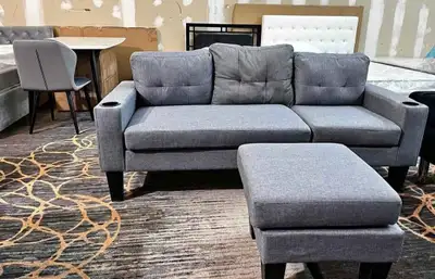 • Stylish Grey Sofa Set with Cup Holders & Ottoman, View more
