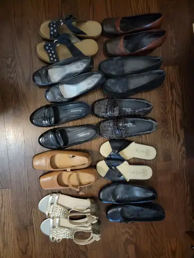 12 pairs shoes and slip ons sizes 39 and 40 womens used some in newer condition. Take all for low pr...