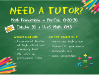 MATH TUTOR -- Fdns & PreCalc 10-30 + Math 104.3 -- $30/hr