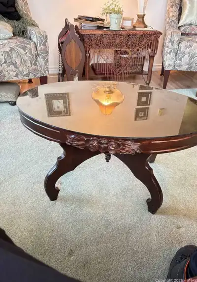Vintage Solid Wood Oval Coffee Table with Beveled Glass Top, View more