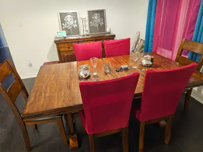 Expandable hardwood table with matching buffet server, View more