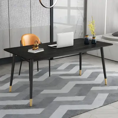 This 55-inch rectangular dining table features a black faux marble top and a sturdy metallic base, a...