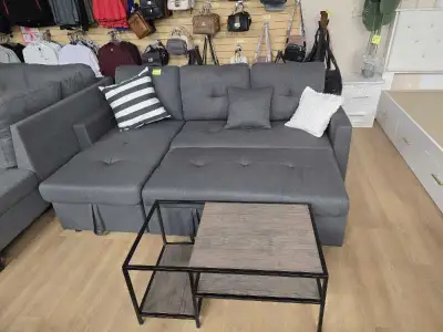 Grey Tufted Sectional Sofa Bed with Storage Chaise, View more