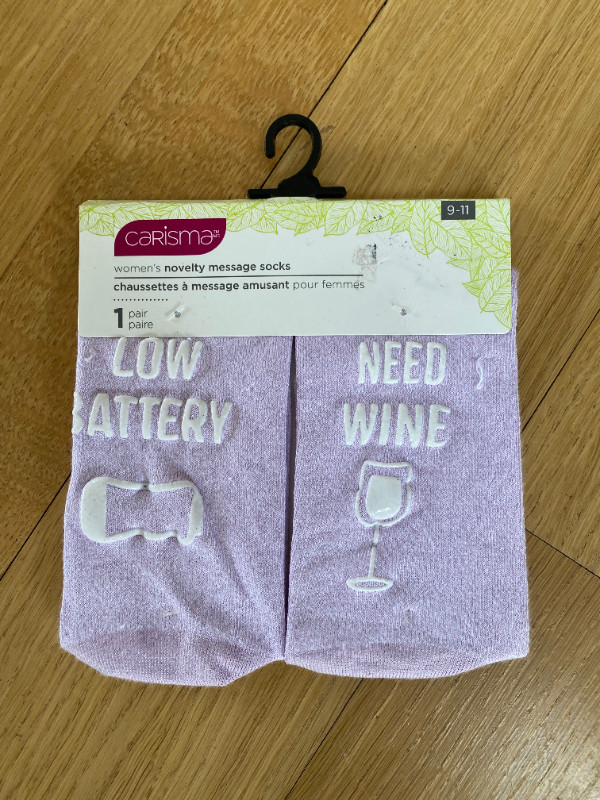 Novelty socks - women's size 9-11 "Low Battery, Need Wine" in Women's - Other in Calgary