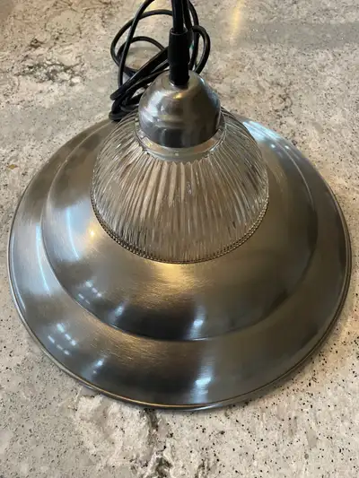 Two Brand new in Box Brushed Nickel and Glass Pendant Lamps. Reduced to $55 each or $100 for both