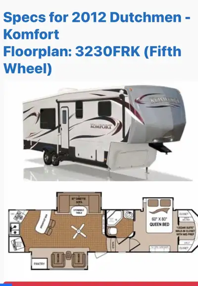 2012 Dutchman Komfort 36 ft 5th wheel, parked on site since new, never been towed.lightly used, like...