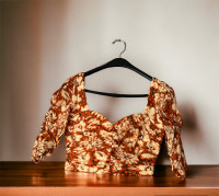 New Zara Printed Drape Crop Top Square Neck Orange Floral 