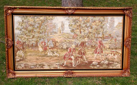 Vintage Italian Hunting with Horse & Hound Framed Sofa Tapestry!