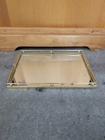 Vintage mirrored plate with metal sides. Display tray and jewelry holder tray. Very good, clean cond...