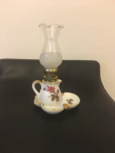 Vintage small oil lamp with ashtray. 8”tall with chimney., View more