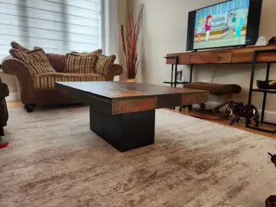 Solid slate and wood coffee table., View more