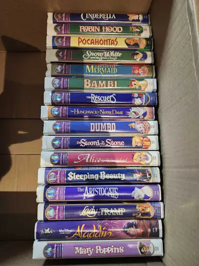 A large selection of vintage Disney vhs cartoons. I test them and working good. Will include a vhs p...