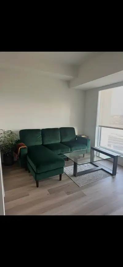 Emerald Green Velvet Sectional Sofa  — Excellent Condition, View more