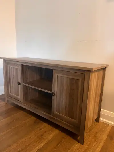 Modern farmhouse TV stand / media console with storage., View more