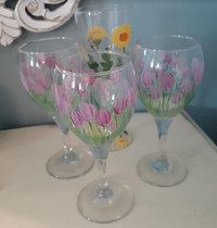 Hand painted wine glasses pink tulips yellow flowers floral