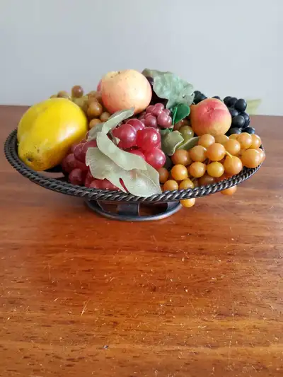 metal fruit bowl and faux fruit - vintage , View more