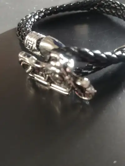 mens motorcycle double braided faux leather bracelet, View more