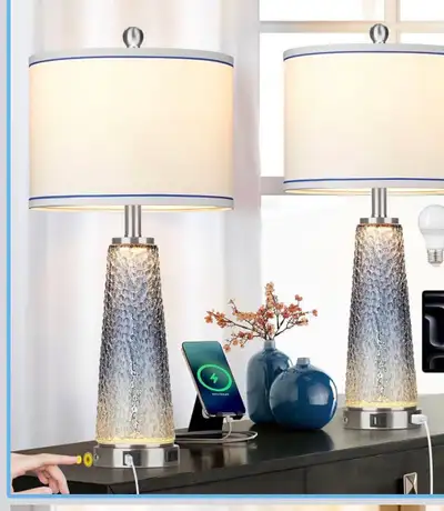 Lolikit Glass Table Lamps 26” With USB A+C  - Set of 2 Blue, View more