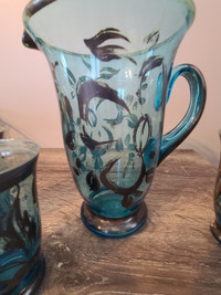 Blue stained glass hand painted pitcher set