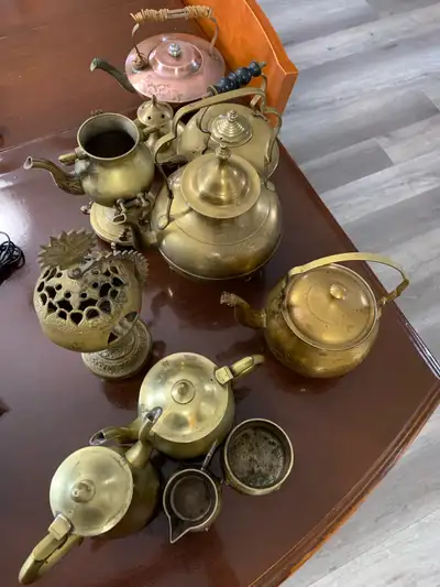 antique brass teapots and such, View more