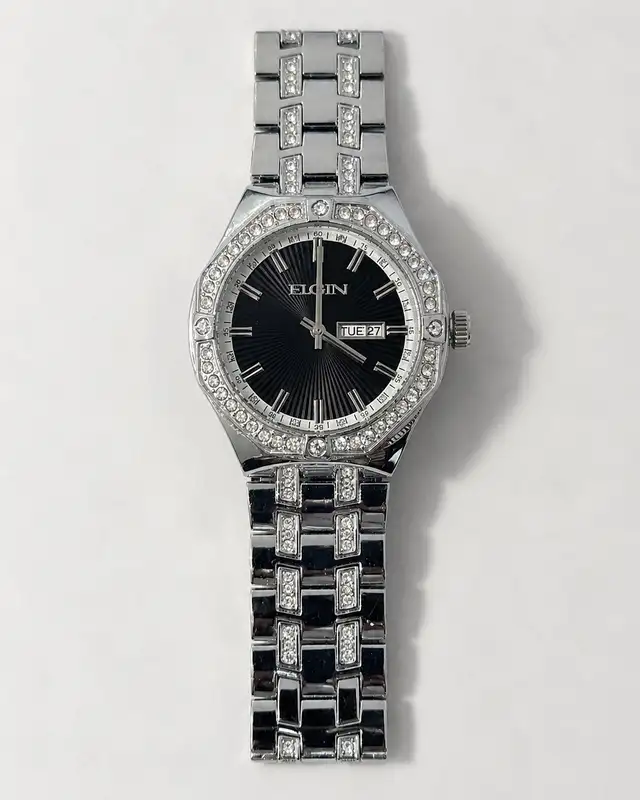 Elgin Men’s Crystal Accent Watch – Black Dial – Needs Battery