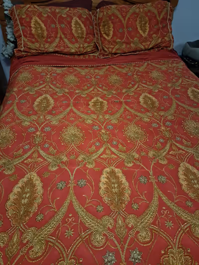 Beautiful brand new comforter, duvet, pillow shams and bedskirt. The comforter is reversible.