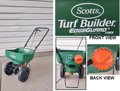 Like New! SCOTTS TurfBuilder EdgeGuard Mini Broadcast Spreader ensures Efficient & Consistent Spread...