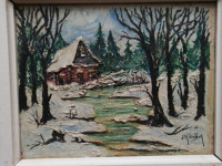 Peinture Tremblay tableau toile huile paysage maison arbre sapin