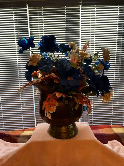 Large Antique Brass Coal/Ash Scuttle Flower Arrangement , View more