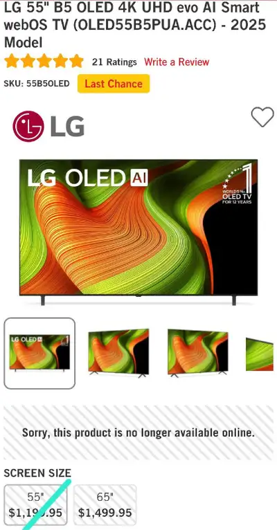 LG 55" B5 OLED 4K UHD evo AI Smart webOS TV (OLED55B5PUA.ACC), View more