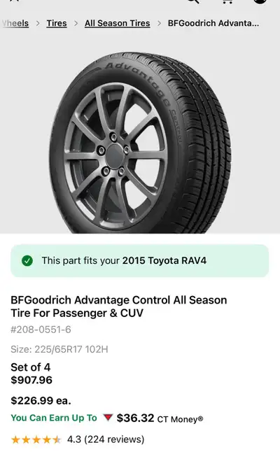 Two tires without rims form Toyota RAV4. Sold for 227 CAD each at Canadian Tire. Used for barely a s...