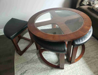 Coffee table, round (wood, glass) with 4 nesting ottomans