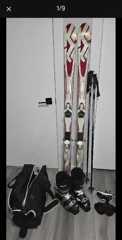 Full Ski set up Boots skis bindings poles 2 sets of goggles and boot carry bag. Used less than 10 ti...