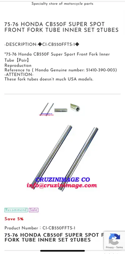1975 / 1976 Honda CB550F upper fork stanchion tubes. New/unused