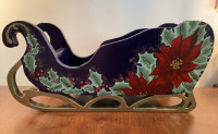 Navy Blue Wooden Tabletop Christmas Sleigh Sled with Poinsettia
