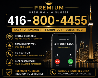 Premium Toronto 416 phone number for sale: 416-800-4455 Phone number only — no device included. Easy...