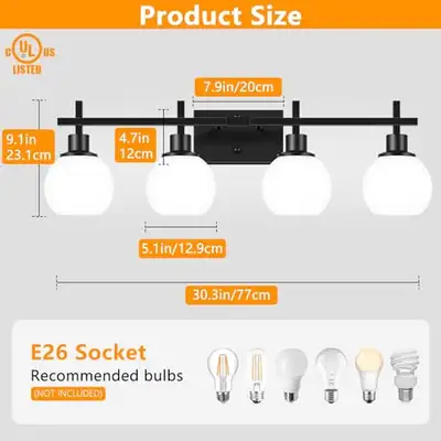 Modern 4-Light Black Vanity Light Fixture with Milky White Glass, View more