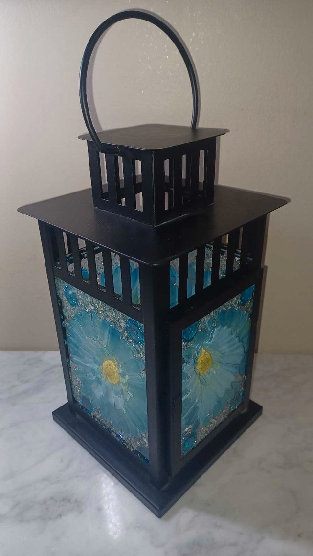 11"T Ikea Black Lantern w Blue Flowers & Glass Fairy lights incl in Home Décor & Accents in Calgary - Image 3