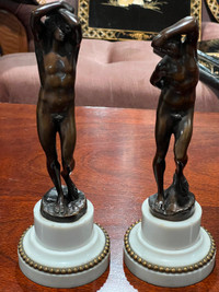 2 Handcrafted Bronze Marble Sculpture 27CM Figure Man & Woman