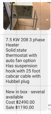 7.5 KW 208 3 phase heater