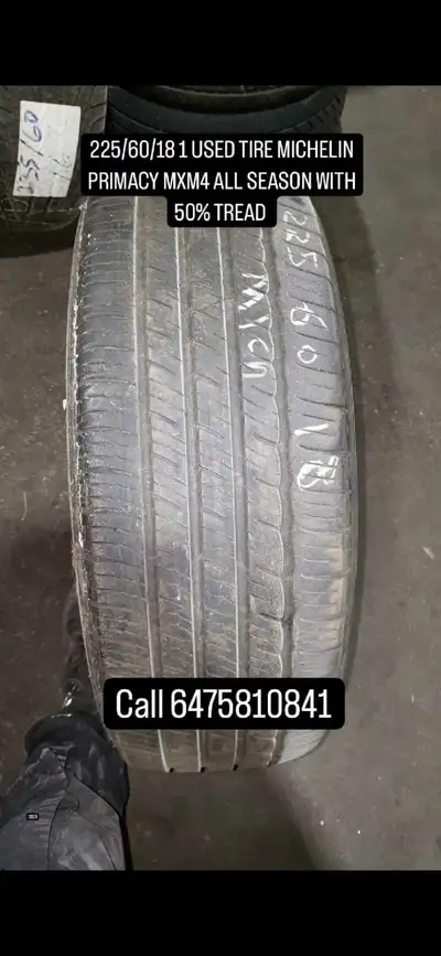 Selling a used Michelin Primacy MXM4 all-season tire, size 225/60/18, with approximately 50% tread r...