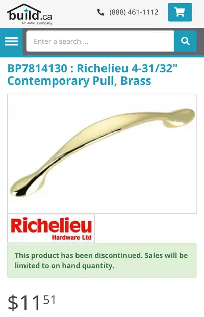 6 brand new Richelieu 5” brass pull for door or drawer, View more
