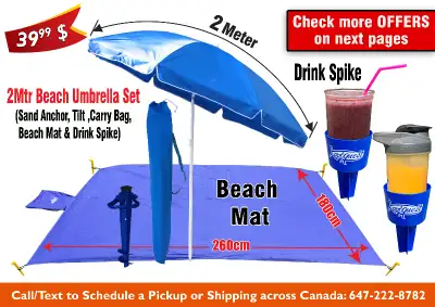 Beach Umbrellas Sand Anchor Tilt Mat Towel Hook, Bag Drink Spike