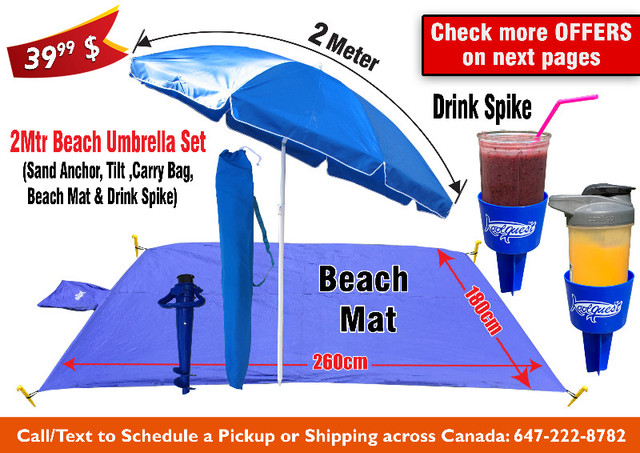 Beach Umbrellas Sand Anchor Tilt Mat Towel Hook, Bag Drink Spike in Patio & Garden Furniture in Oshawa / Durham Region