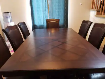 Dining table with 8 chairs and extension piece, View more