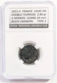 1615 D, FRANCE LOUIS XIII ENFANTIN DOUBLE-TOURNOIS, RARE Monnaie